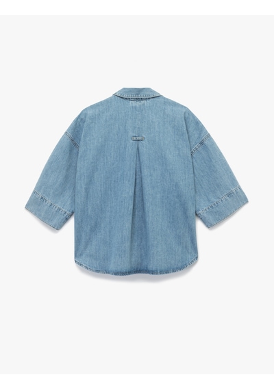 Koton Oversize V Yaka Pamuklu Yarım Kollu Jean Gömlek Açık İndigo 7wal60001md