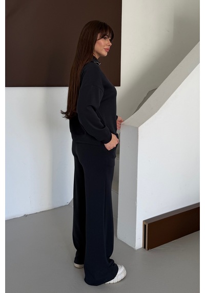 Balenbi Oversize Fermuarlı Beli Bağcıklı Polo Yaka Modal Kadın Takım 1196 - Form Serisi Siyah Balenbi Oversize Fermuarlı Beli Bağcıklı Polo Yaka Modal Kadın Takım 1196 - Form Serisi Siyah