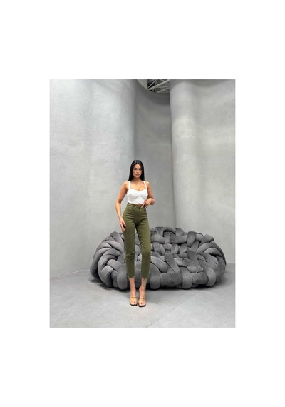 Kene Jeans Kadın Haki Yüksek Bel Keten Paça Kesik Dar Paça Pantolon Haki