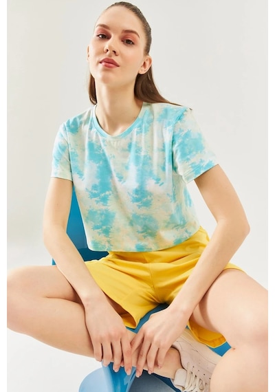 Kadın Oversize Rahat %100 Pamuklu Penye Bisiklet Yaka Kısa Kol Basic Crop T-shirt Batik Doğa