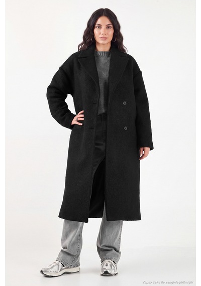 Lela Oversize Fit Mono Yaka Düğmeli Buklet Uzun Kaşe Kaban Kadın Kaban 6811997 Siyah