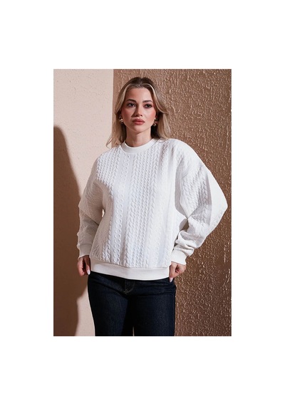 Fashion Friends Oversize Bisiklet Yaka Ekru Kadın Sweatshirt 25k0141k1