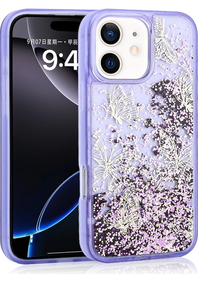 Apple Uyumlu iPhone 12 Kılıf Sıvılı Simli Kelebek Baskılı Şeffaf Arka Yüzey Zore Glis Silikon Kapak