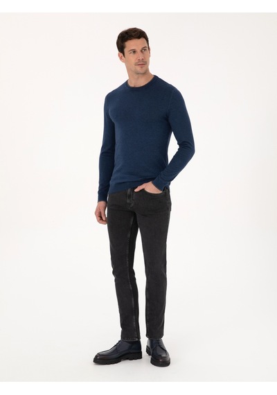 Cacharel İndigo Slim Fit Pamuk Karışımlı Bisiklet Yaka Triko Kazak Mavi