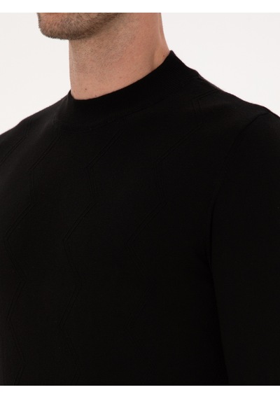 Cacharel Siyah Slim Fit %100 Pamuk Çeyrek Balıkçı Yaka Triko Kazak