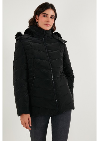 Lela Kapitoneli Slim Fit Çıkarılabilir Kapüşonlu Bayan Mont 497Mara Siyah