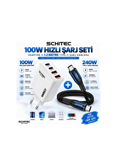 Schitec 100w 4 Çıkışlu Hızlı Şarj Başlığı Ve 240w Type-c To Type-c Süper Hızlı Şarj Kablosu