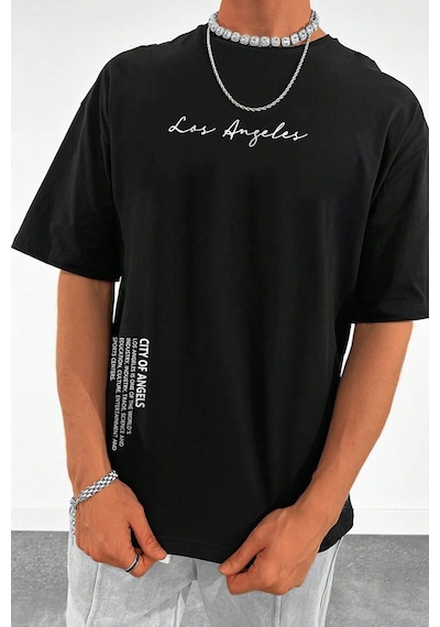 Uyguntarz Erkek Los Angles Baskılı Oversize Tshirt Siyah