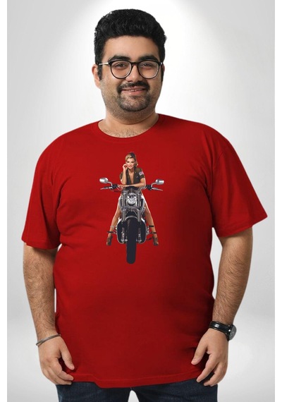 Angemiel Motosiklet Erkek Kadın Unisex Kırmızı Büyük Beden Erkek Kadın Unisex Basic Ön Baskılı Tişört Kırmızı