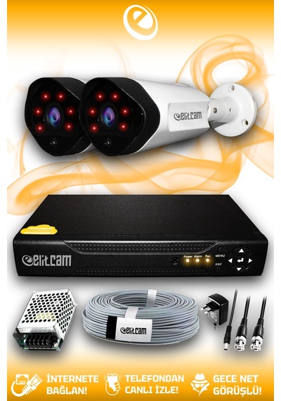 Elitcam 2 Kameralı Uzay 2 Dış Kamera Set HDD'siz Full HD Gece Görüşlü Güvenlik Kamerası Sistemi