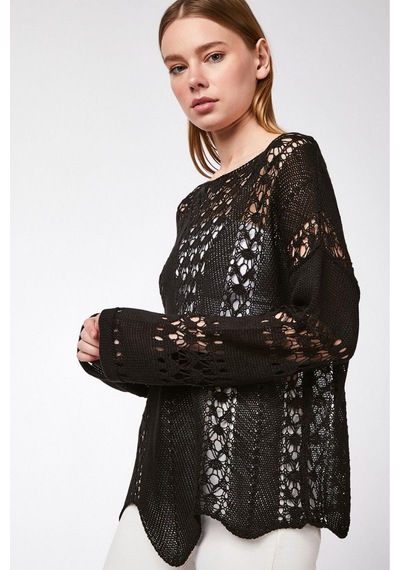 Aqe Fashion Kadın Kayık Yaka Ajurlu Siyah Triko Bluz Gri