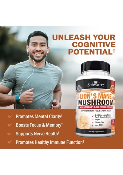 Bioschwartz Organic Lions Mane Mushrooms With Bioperine Nootropic Brain Memory Focus 90 Caps Aromasız