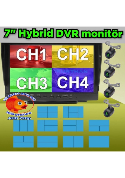 4 Adet Ledsiz Ahd 720p Balık Gözü Lens Kelebek Kamera 7 İnç Qled Hybrid Dvr Monitör 12 Volt 256 Gb