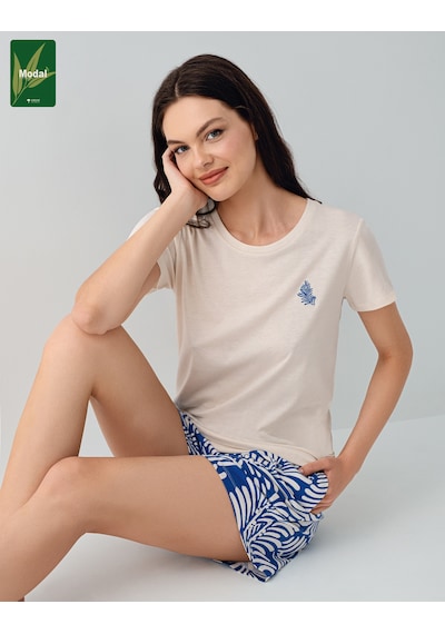 Arnetta 3606 Modal Pamuk Kısa Kol Cepli Kadın Şort Pijama Takımı Taş