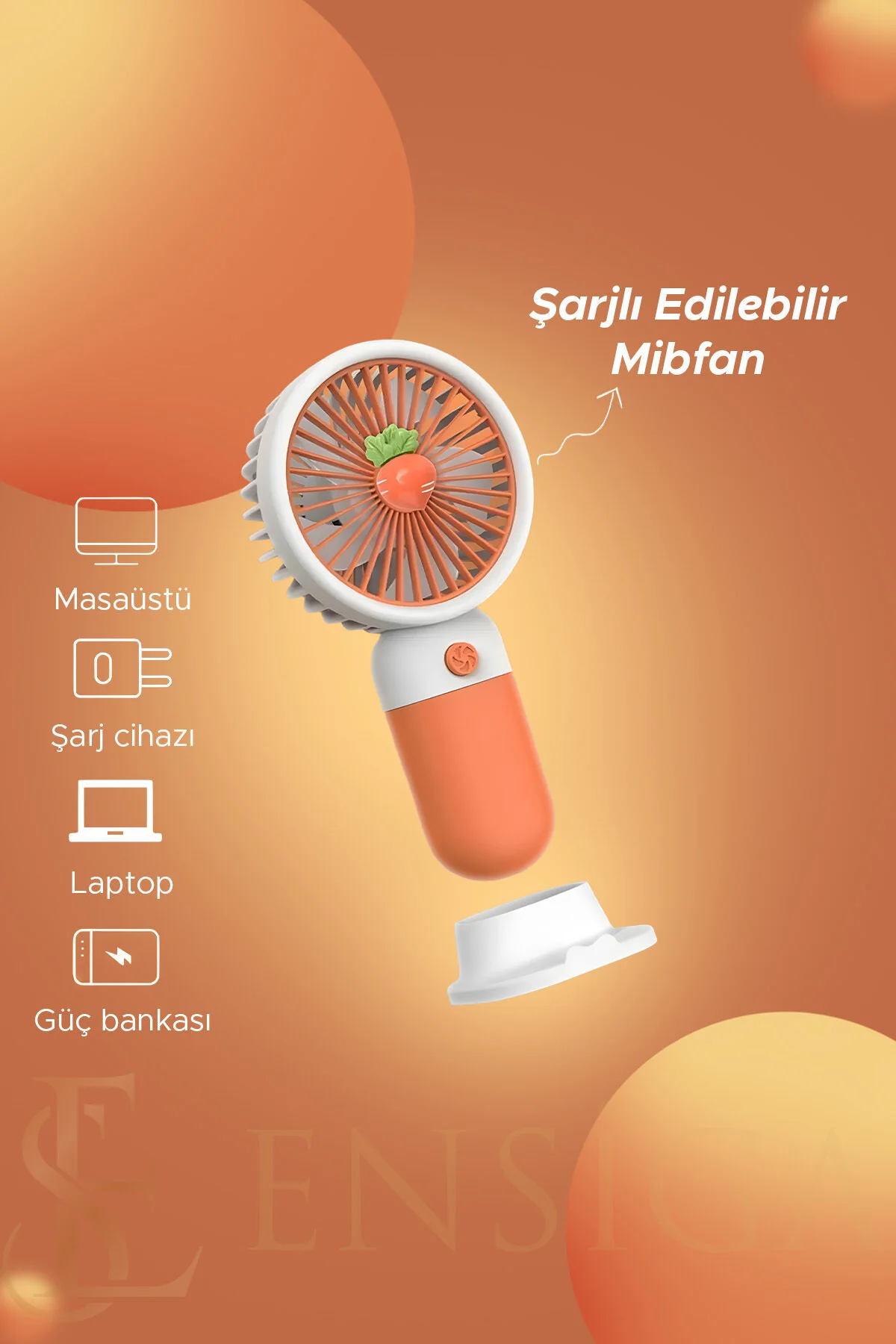 3 Kademeli Meyveli Masa Standlı Model Şarjlı El Fanı Serinletici Taşınabilir Fan Beyaz