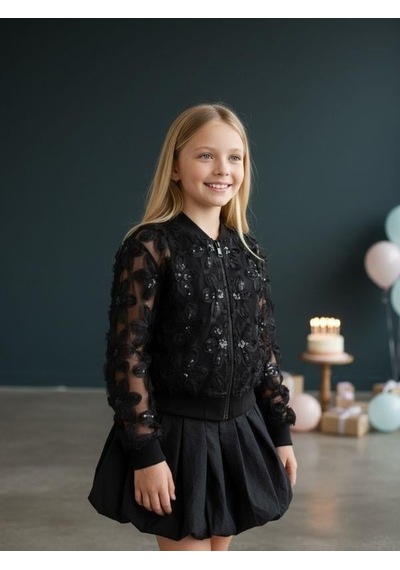 Zekids Kız Çocuk Çiçek İşlemeli Tasarım Bomber Ceket-16574 Siyah