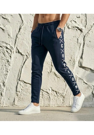 Plus Scorpion Erkek Slim Fit Eşofman Altı Yazılı Şerit Detaylı, Dar Paça Jogger Pantolon Lacivert