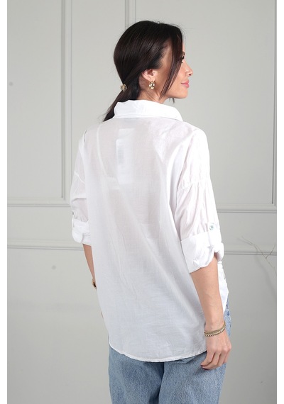 By Saygı Kadın Simli Yaprak Desen Kabartmalı Nakış Detaylı İtalyan Cotton Gömlek Ekru