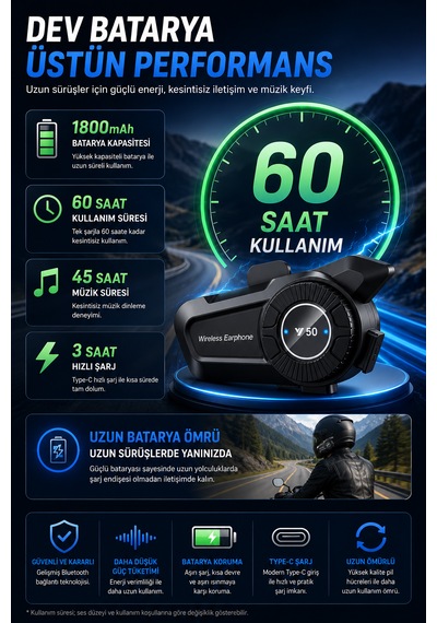 Y50 Bluetooth Kask Kulaklığı Motosiklet İnterkomu 1800mah Batarya 60 Saat Kullanım Ipx6 Mikrofonlu Kulaklık