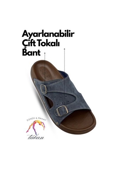Sermoda Erkek Terlik - Çift Toka Ayarlanabilir Esnek Taban Deri Erkek Terlik T Lacivert
