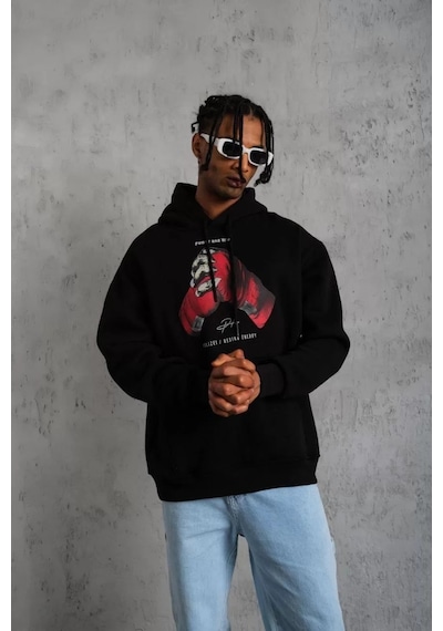 Erkek Eldiven Baskılı Kapüşonlu Sweat - Siyah 001