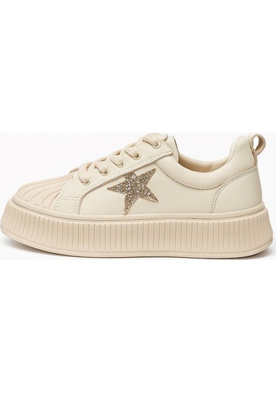 Günlük Kadın Sneaker Bağcıklı Yıldız Detaylı Yüksek Taban Simli Rahat Ayakkabı 7100 Bej
