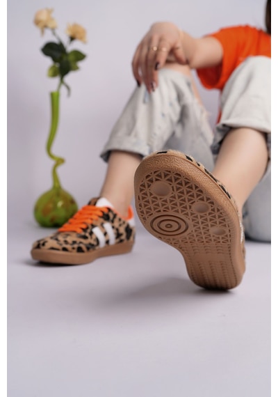 Muggo Taupe Çift Bağcıklı Günlük Kadın Sneaker Spor Ayakkabı Leopar
