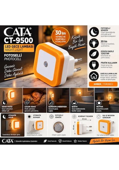 Cata Ct-9500 Led Gece Lambası Amber Turuncu Fotoselli Sensörlü Priz Tipi Gece Işığı, 30 Lm, Otomatik Açma Ka Diğer