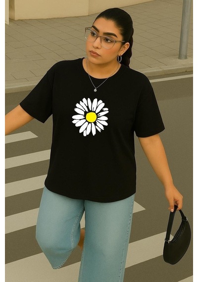 Büyük Beden Papatya Baskılı Unisex Tişört SIYAH
