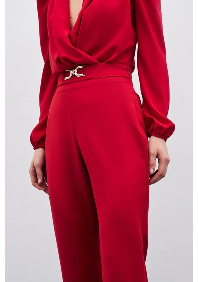 Sateen Yüksek Bel Aksesuar Detaylı Pantolon Kırmızı