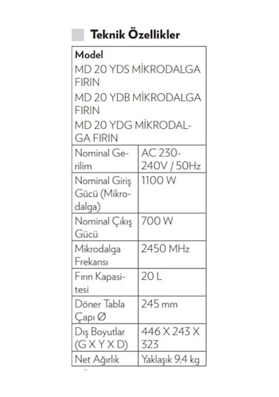 Vestel MD 20 YDG 20 LT Mikrodalga Fırın