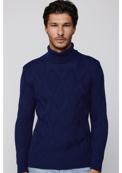 Tudors Slim Fit Dar Kesim Tam Balıkçı Yaka Desenli Sax Mavi Erkek Triko Triko Kazak-29719-sax Mavi Saks