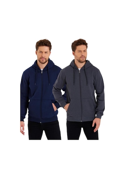 MMetalic Siyah-Antrasit Kanguru Cepli Kapüşonlu Fermuarlı İçi Pamuklu 2'Li Erkek Sweatshirt
