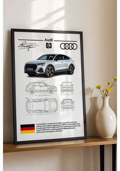 Audi Q3 Tablo - Teknik Özellikli Alman Lüks Suv Poster - Çerçeveli Duvar Dekoru - Araba Blueprint Siyah