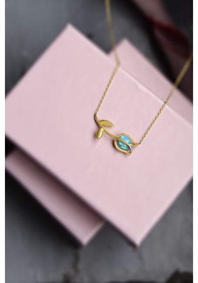 925 Ayar Gümüş Gold Kaplama Opal Taşlı Lale Kolye UVPTS100195-1
