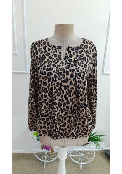 Veraura Lifestyle Kadın Uzun Kollu Yuvarlak V Yakalı Leopar Desenli Süprem Bluz
