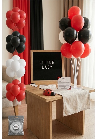 Uğur Böceği Temalı Doğum Günü Süsleme Deluxe Set Siyah Keçe Yazı Panosu Standlı Balon Zincirli 7li Şeffaf Balon Standlı Set Çocuk
