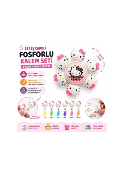 Hello Kitty Figürlü Stres Çarklı 6 Renk Mini Fosforlu Kalem Seti Pembe Pembe