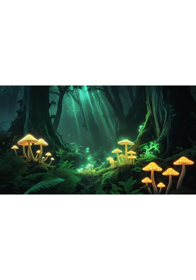 Doğa Ve Manzara Yatay Parlayan Mantarlar Ve Büyülü Işık Huzmeleri Mistik Orman 06 Çerçevesiz 90x60cm Pvc Tablo