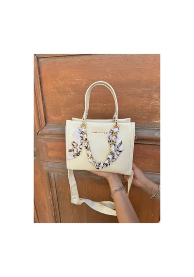 Just Polo Orijinal Kadın Omuz Ve Çapraz Askılı Zincir Detaylı Günlük Veya Özel Kullanıma Uygun Lüks Kol Çantası Shopper 25x20x9 Cm Krem