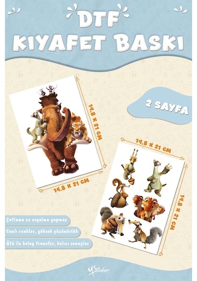Kumaşa Baskı Yapılabilen Özel Tasarım Ütü Ile Yapışan Tekstil Dtf Baskı Görseli Buz Devri Temalı Çok Renkli