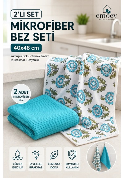 2'li Mikrofiber Mutfak & Tezgah Temizlik Bezi Seti 40x48 Cm - Süper Emici Iz Bırakmaz Kurulama Bezi 1 Mavi+ 1 Desenli Diğer 2'li Mikrofiber Mutfak & Tezgah Temizlik Bezi Seti 40x48 Cm - Süper Emici Iz Bırakmaz Kurulama Bezi 1 Mavi+ 1 Desenli Diğer