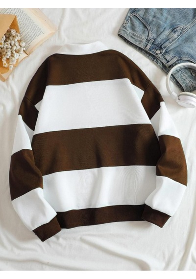 Altamira Unisex Çizgili Oversize Polo Yaka Yarım Fermuarlı Sweatshirt 001