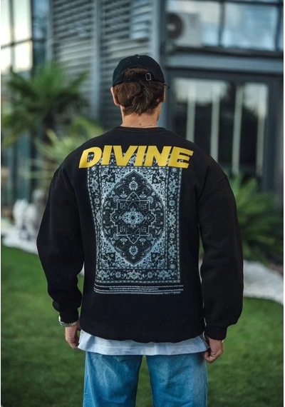 Assema Erkek Üç İplik Pamuklu Kışlık Bisiklet Yaka Baskılı Sweatshirt - Siyah Çok Renkli