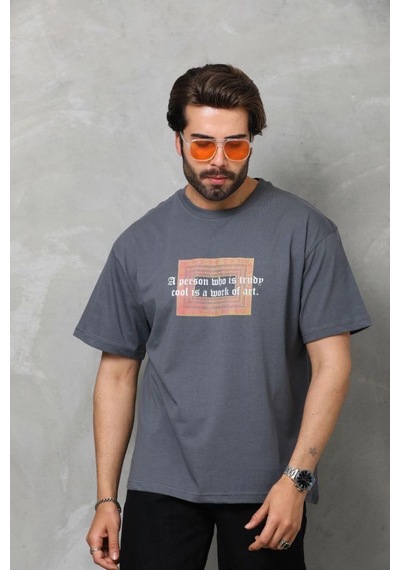 Erkek Baskılı T-shirt Kısa Kol Bisiklet Yaka Regular Fit Rahat Kalıp Tişört - Füme