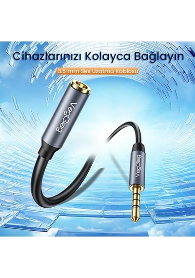 Veggieg 3.5mm Trss Aux Kulaklık Mikrofon Ses Uzatma Kablosu 1 Metre