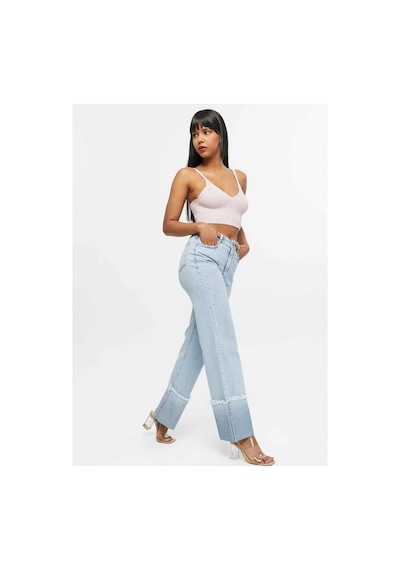 Kene Jeans Yüksek Bel Taş Yıkama Ters Paça Püskül Detaylı Kot Jeans Taş Yıkama
