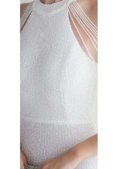 Hanife Glam Couture Hanife Glam Halter Yaka Taş Tasarımlı Pul Payet Abiye Elbise Beyaz