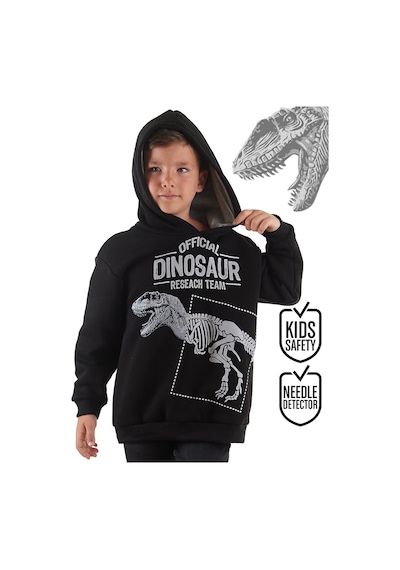 Erkek Çocuk Kışlık Dinozor Desenli Siyah Kapüşonlu Uzun Kollu Sweatshirt 4-10 Yaş