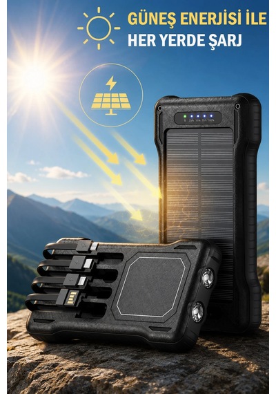 Exenar - Siyah - Güneş Enerjili Powerbank Kendinden Kablolu Solar Taşınabilir Şarj Aleti Çift Led Fenerli 10.000 Mah